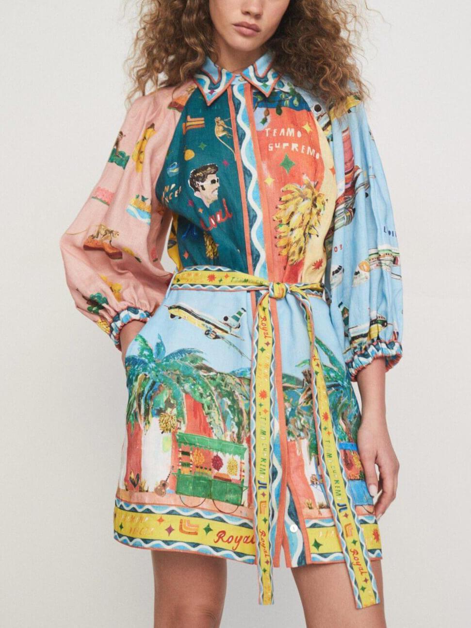 Aurohaya Unique Satin Art Floral Print Tie Pocket Shirt Mini Dress Multicolor