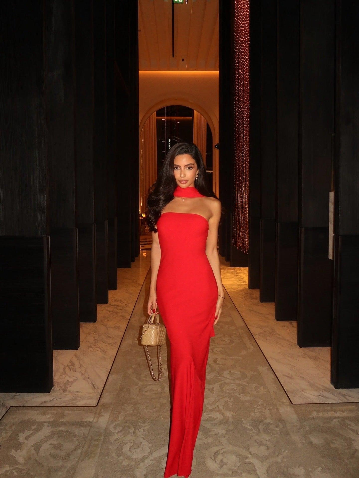 Aurohaya Women's High-Neck Ruched Maxi Dress Red