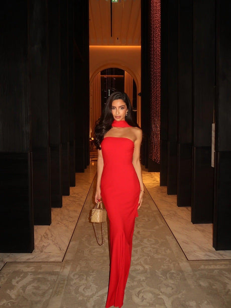 Aurohaya Women's High-Neck Ruched Maxi Dress Red