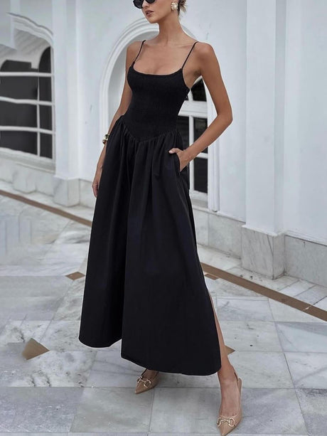 Aurohaya Fashionable Spaghetti Strap Solid Color Slit Midi Dress Black