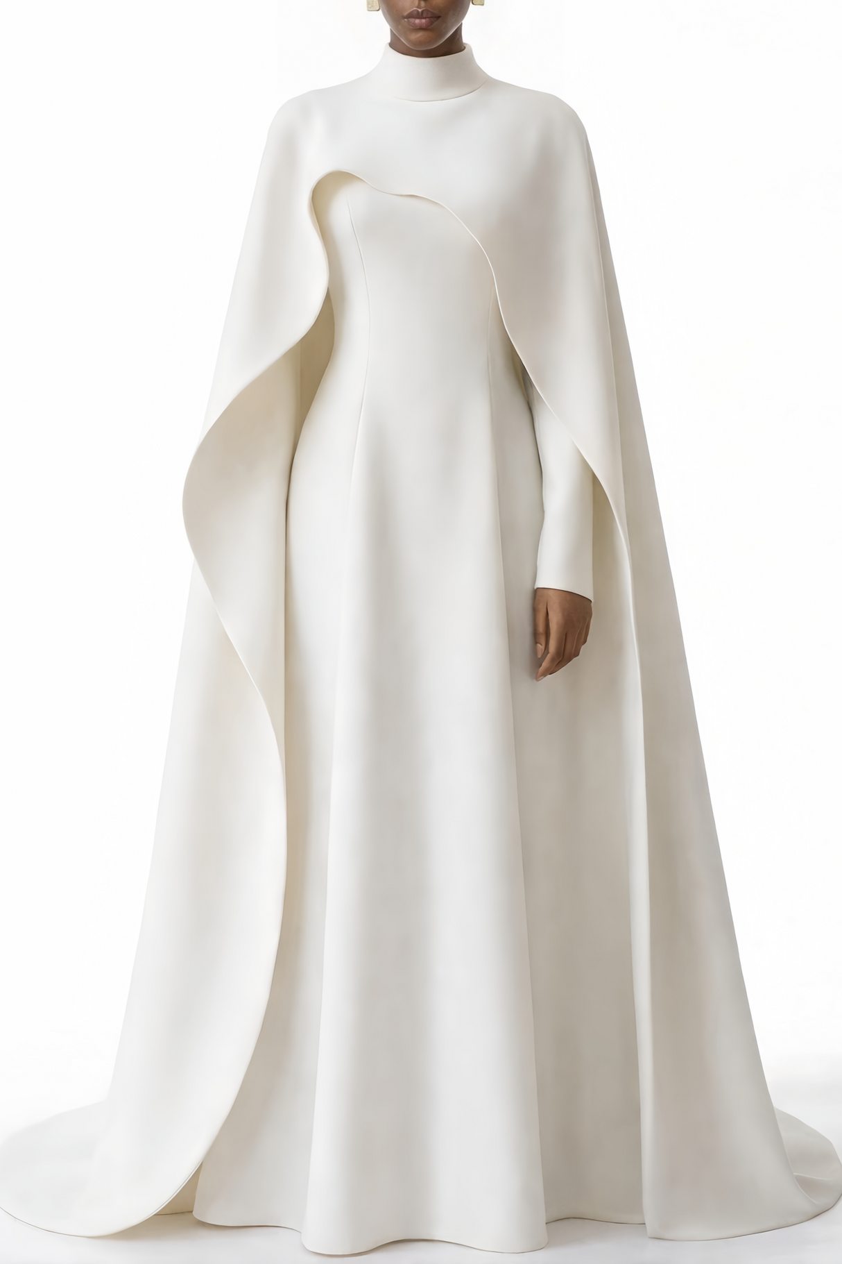 Aurohaya Antonina White Cape Maxi Gown with Long Sleeves
