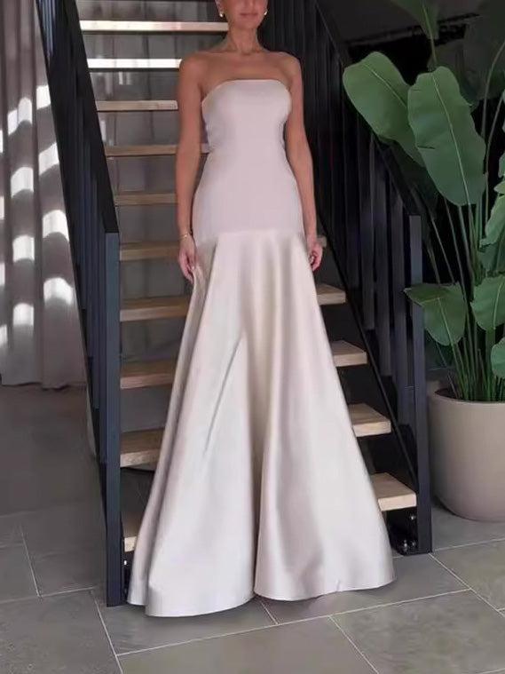 Aurohaya Elegant Satin One-Shoulder A-Line Maxi Dress White