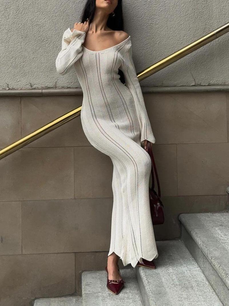 Aurohaya Hollow Solid Color Knitted Holiday Long Dress