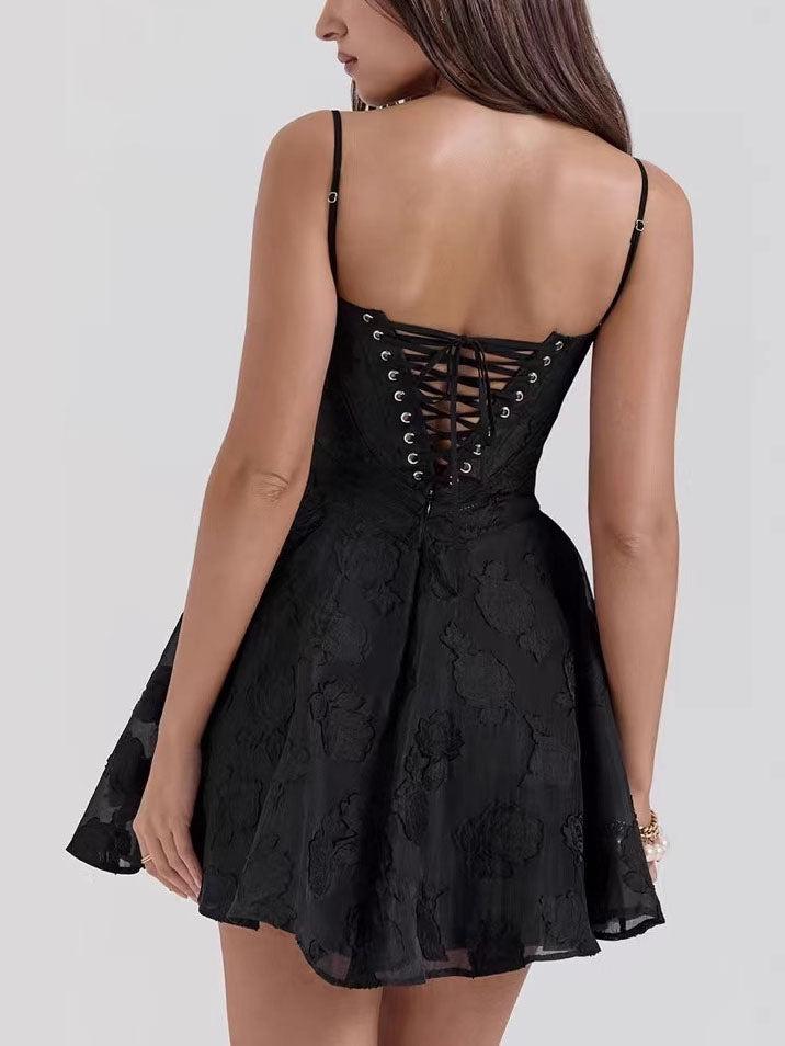 Aurohaya Elegant V Neck Floral Lace Light Gown Mini Dress