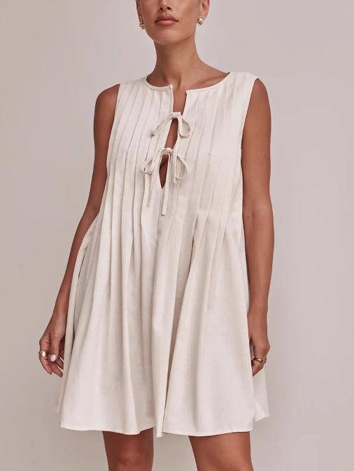 Aurohaya Casual V-neck Tie-strap Sleeveless Mini Dress Apricot