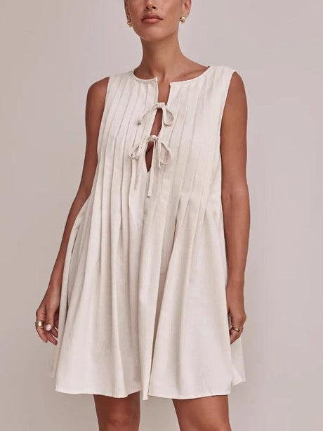 Aurohaya Casual V-neck Tie-strap Sleeveless Mini Dress Apricot