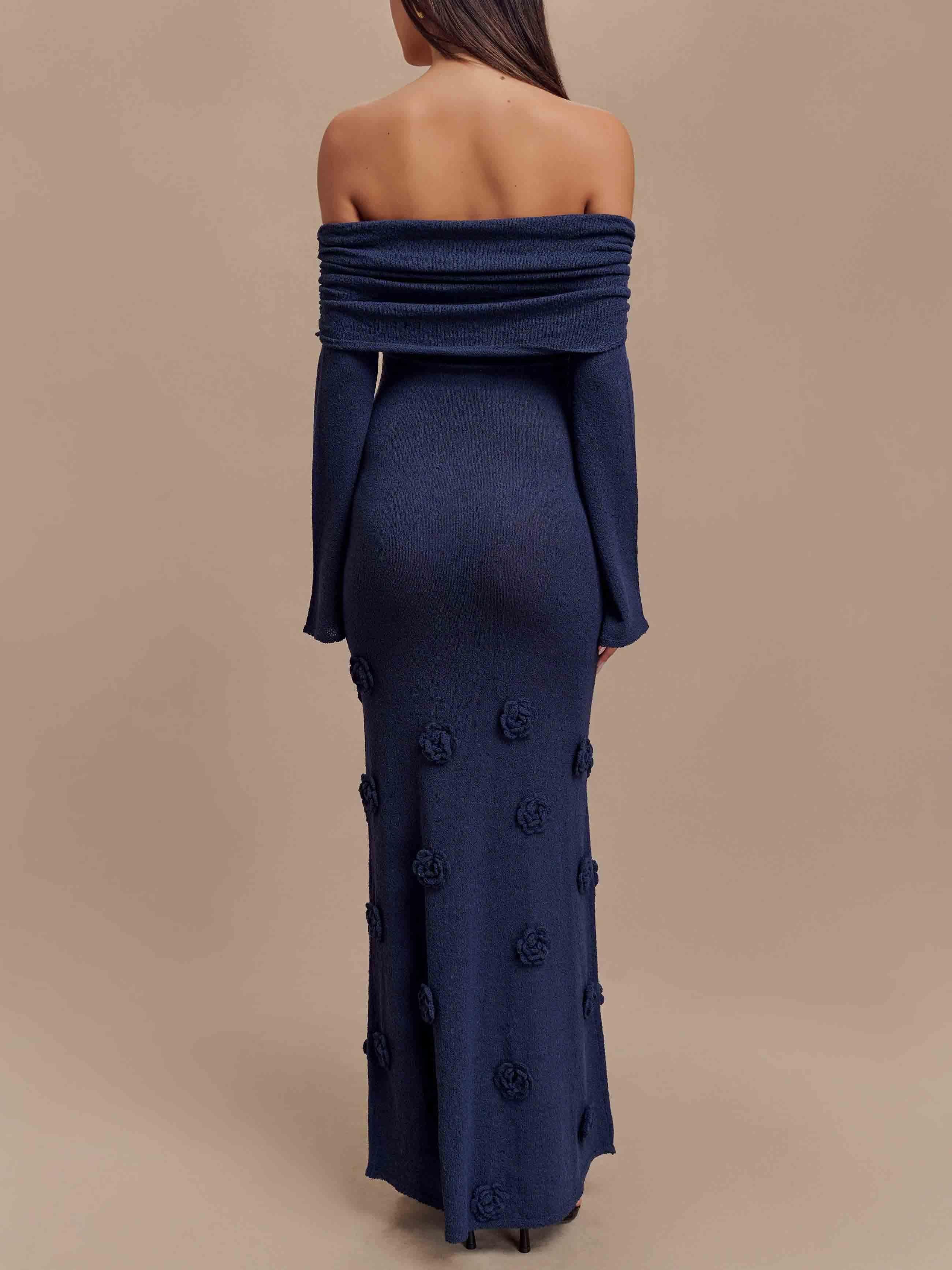 Aurohaya Elegant Off-shoulder Knitted Rose Maxi Dress