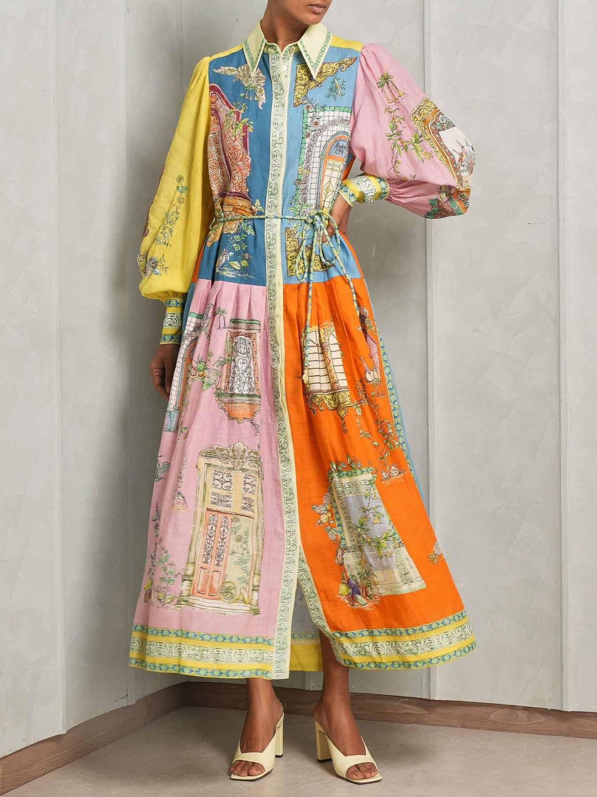 Aurohaya Exquisite Garden Print Button-Down Midi Dress