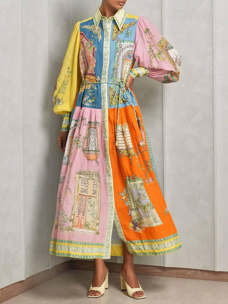 Aurohaya Exquisite Garden Print Button-Down Midi Dress