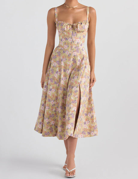 Aurohaya Rose Print Herringbone Slip Dress Golden Bloom