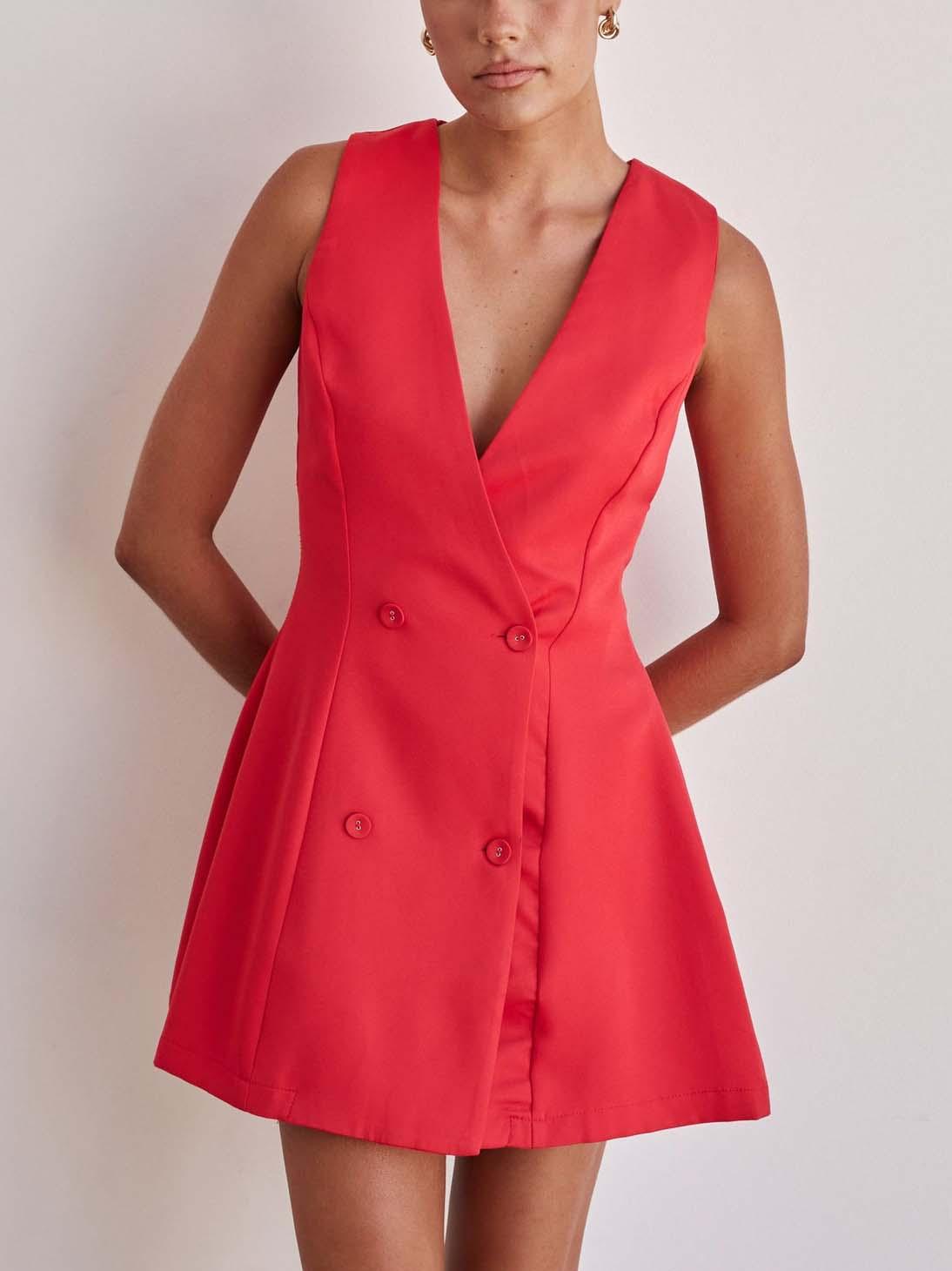 Aurohaya Stylish Solid Color Casual Cut Mini Dress Red