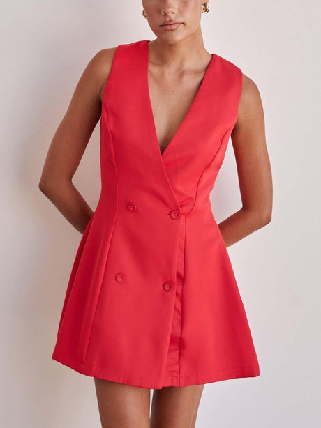 Aurohaya Stylish Solid Color Casual Cut Mini Dress Red