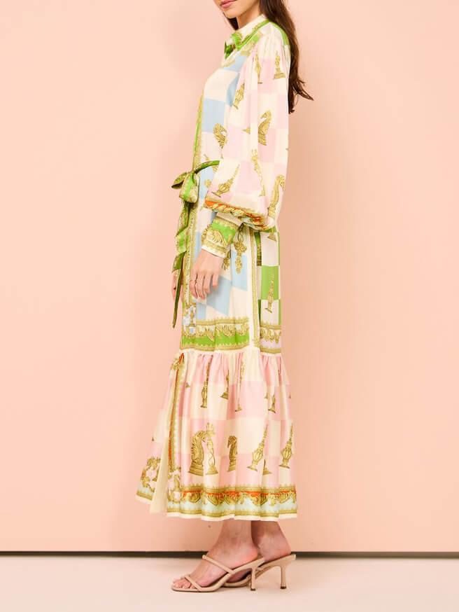 Aurohaya Unique Vintage Floral Lapel Single Breasted Midi Dress