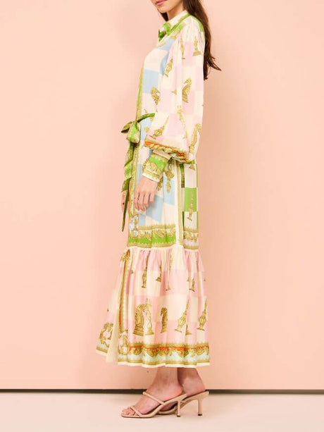 Aurohaya Unique Vintage Floral Lapel Single Breasted Midi Dress
