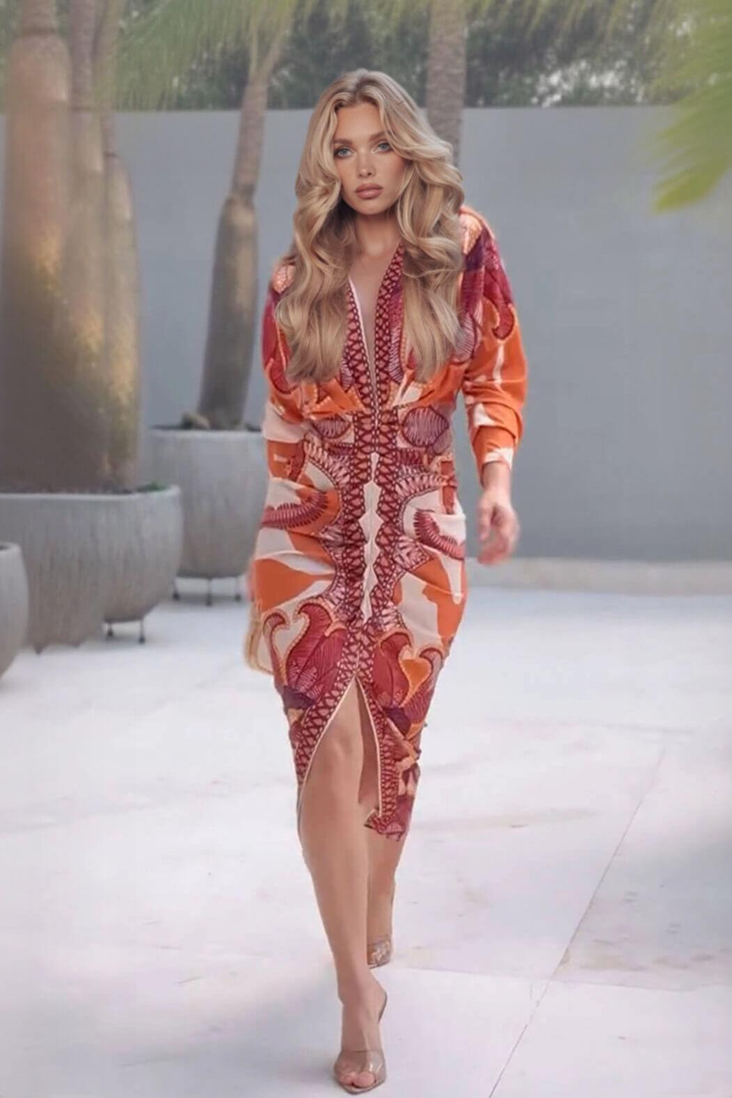 Aurohaya Elegant Floral Print Sexy V-Neck Long Sleeve Slit Dress