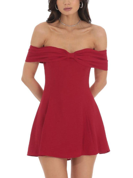 Aurohaya Elegant One Shoulder Bow Mini Dress Red