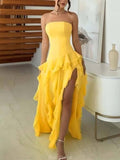 Aurohaya Tube Top Multi-layer Ruffled Side Slit Maxi Dress Yellow