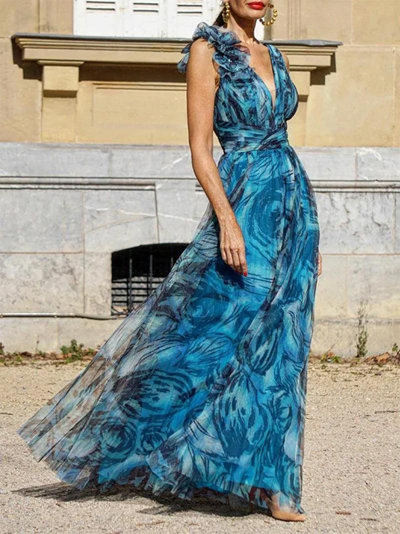 Aurohaya Fashionable Pleated Personalized Print Maxi Dress Blue