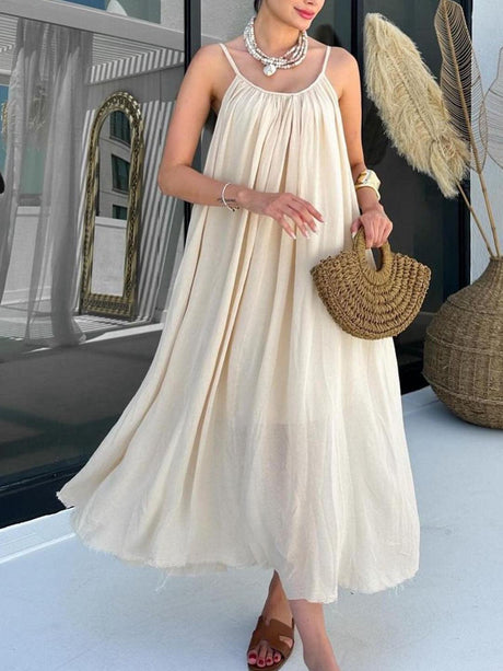 Aurohaya Backless Halter Loose Comfort Midi Dress Apricot