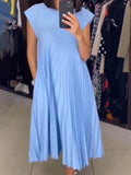 Aurohaya Elegant Stylish Sleeveless Pleated Maxi Dress Sky Blue