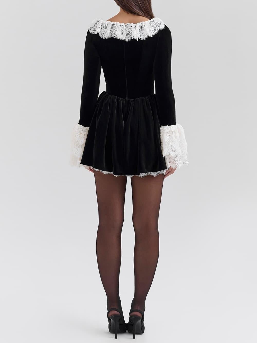 Aurohaya Elegant Velvet Lace Trimmed Mini Dress