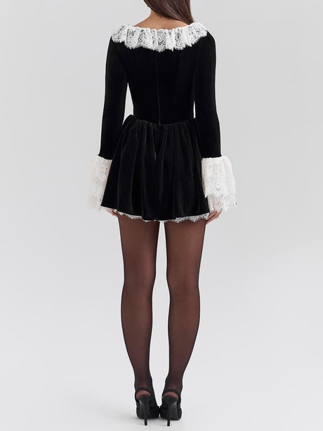 Aurohaya Elegant Velvet Lace Trimmed Mini Dress