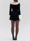 Aurohaya Elegant Velvet Lace Trimmed Mini Dress
