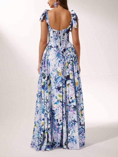 Aurohaya Bow Strap Hydrangea Print Maxi Dress