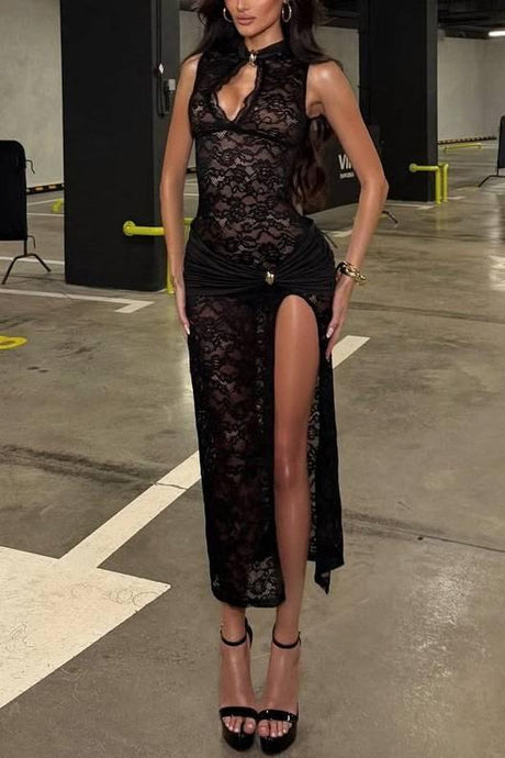 Aurohaya Lace Hollow High Slit Maxi Dress