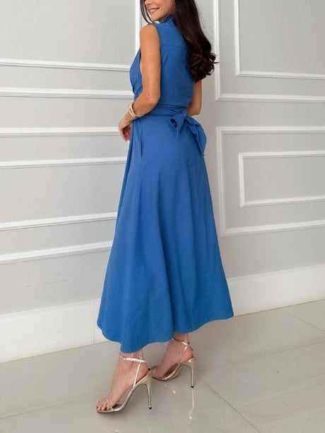 Aurohaya Unique Shirt Style Single-breasted Tie Midi Dress