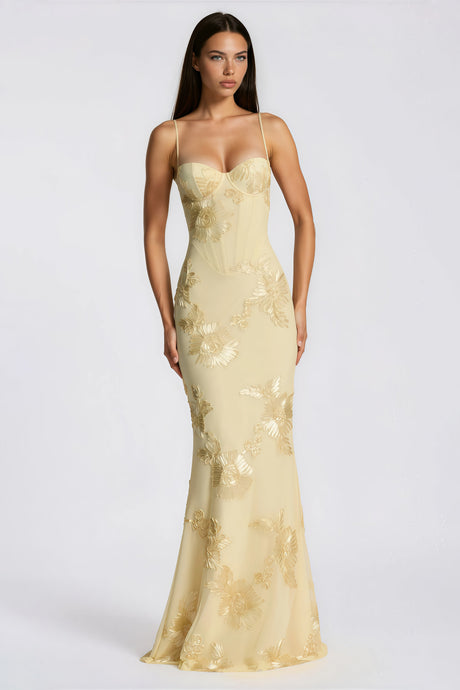 Aurohaya Théoline Yellow Floral Appliqué Corset Maxi Dress