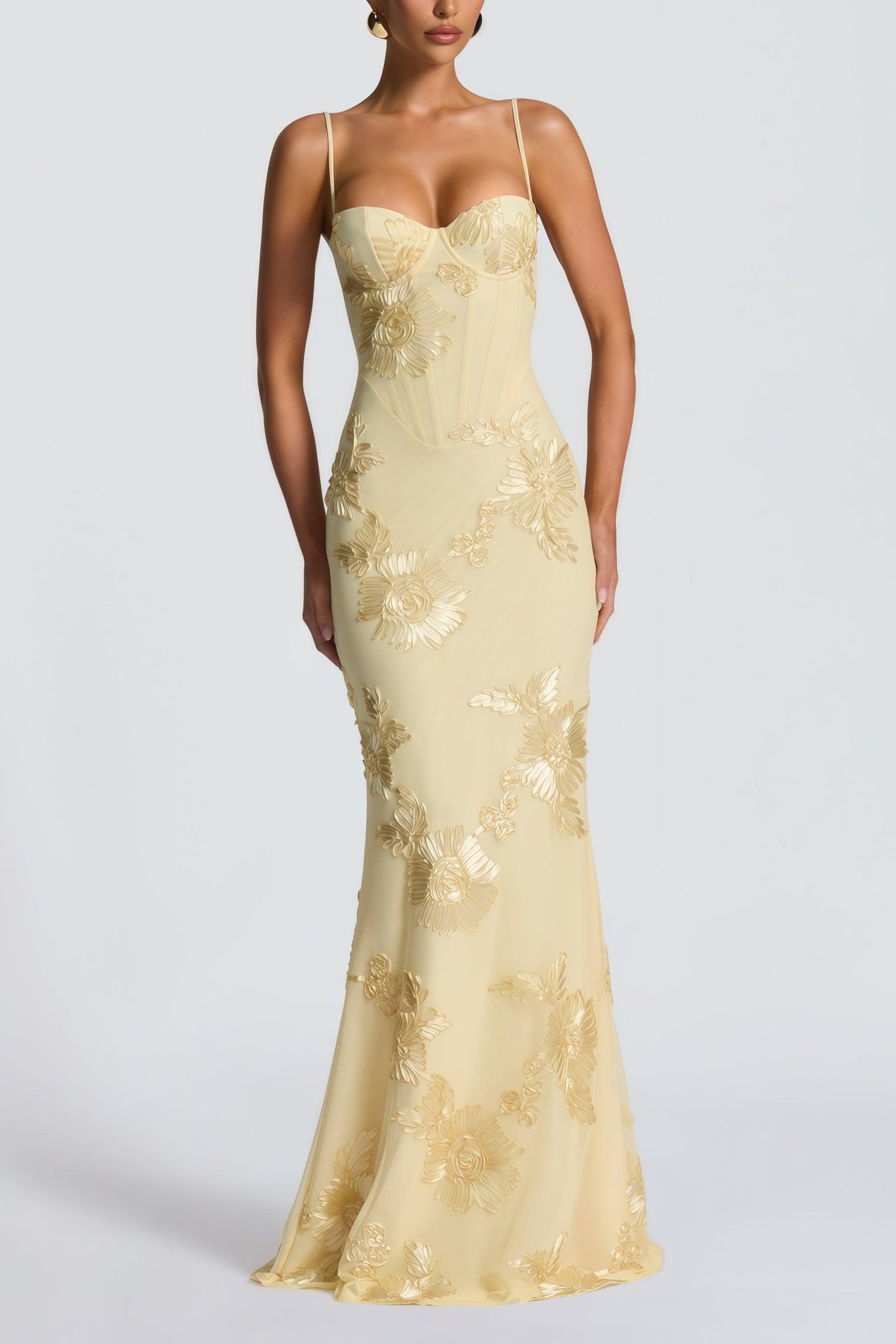 Aurohaya Théoline Yellow Floral Appliqué Corset Maxi Dress