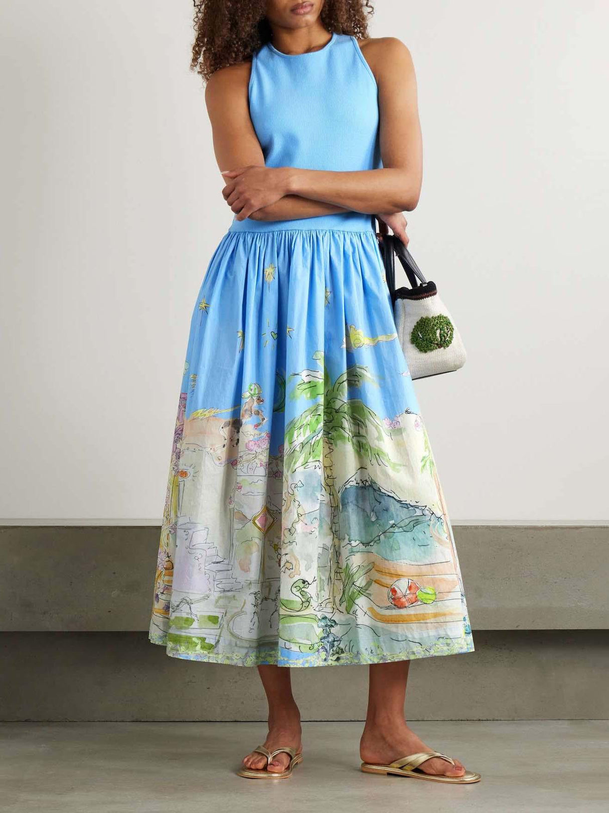 Aurohaya Unique Bright Beach Print Midi Dress Blue