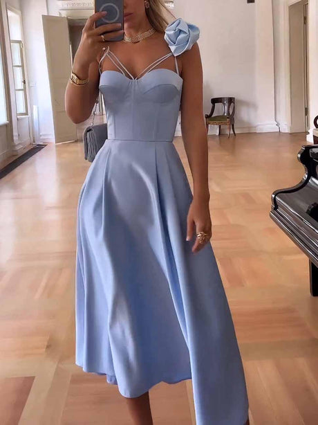 Aurohaya Elegant Slip Floral Midi Dress Blue