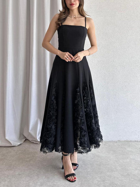 Aurohaya Elegant Rose Floral Applique Spaghetti Strap Midi Dress