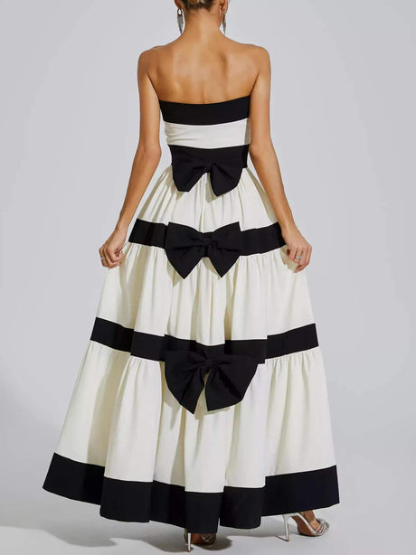 Aurohaya Elegant Striped Bow A-Line Maxi Dress