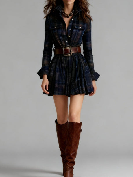 Aurohaya Vintage Lapel Red and Brown Plaid Mini Dress Dark blue