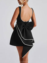 Aurohaya Elegant Pearl Bow Fitted Mini Dress Black