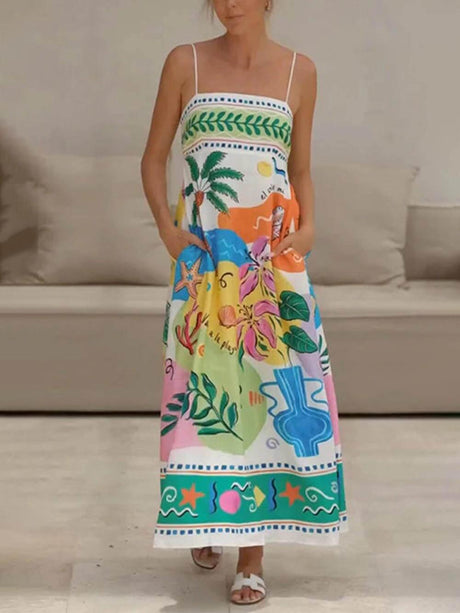 Aurohaya Unique Printed Strapless Sleeveless Resort Style Midi Dress Multicolor