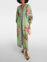 Aurohaya Delicate Floral V-Neck Single Breasted Midi Dress Green