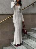Aurohaya Hollow Solid Color Knitted Holiday Long Dress White