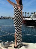 Aurohaya Summer V-Neck Striped Crochet Slit Sexy Maxi Dress
