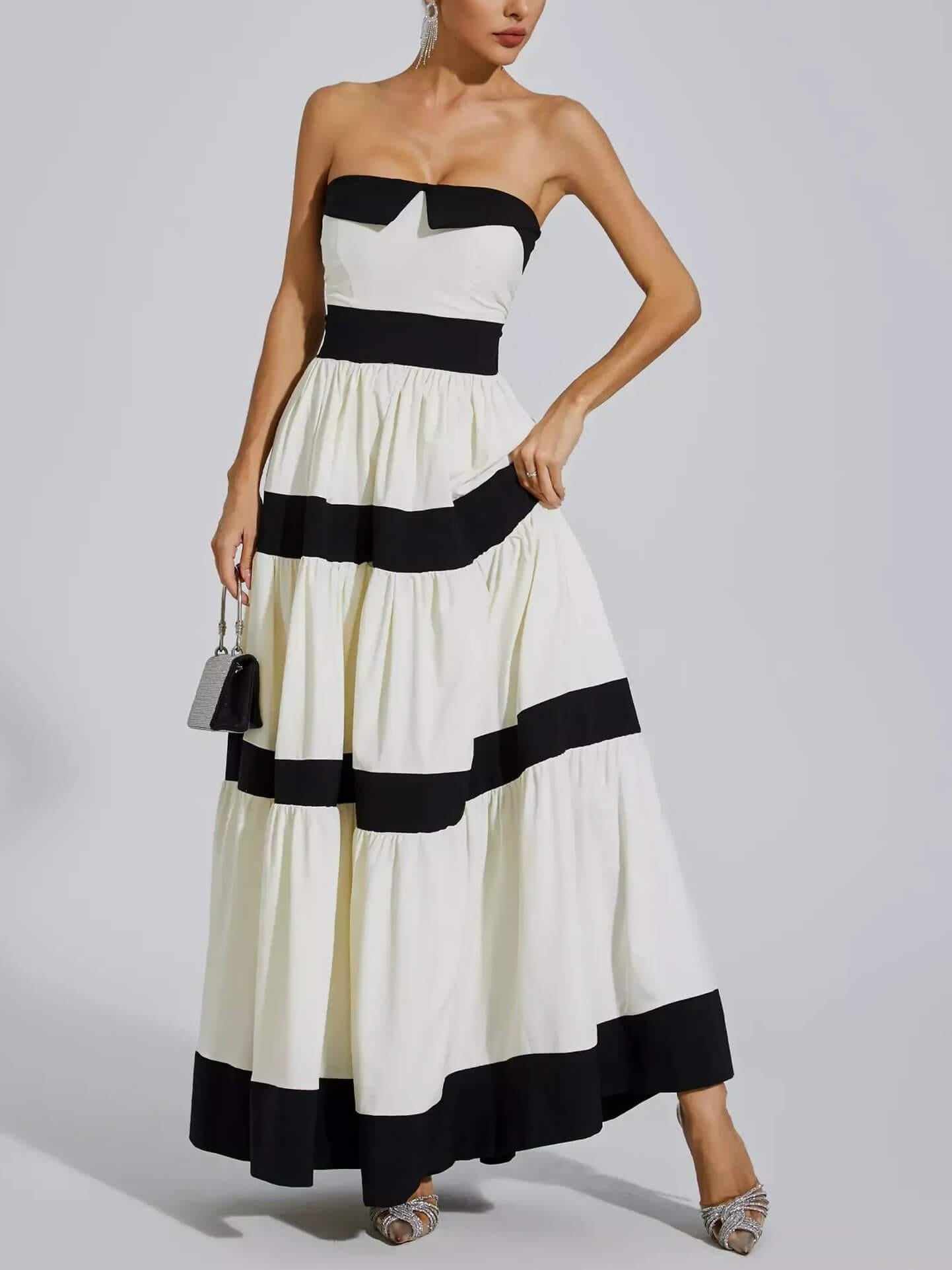 Aurohaya Elegant Striped Bow A-Line Maxi Dress