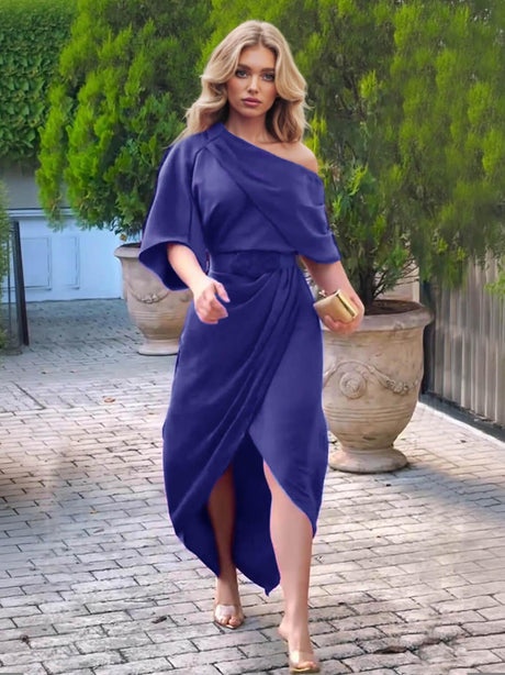 Aurohaya Exquisite Satin Irregular Lapel Neckline Design Ruched Maxi Dress Blue