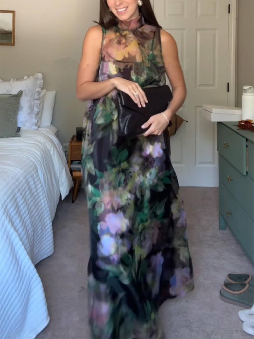 Aurohaya Unique Floral Print Tie-Drawn Chiffon Cocktail Maxi Dress