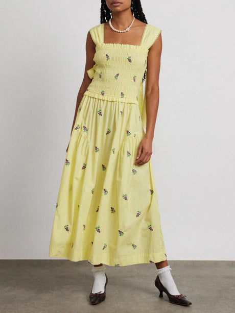 Aurohaya Vintage Floral Square Neck A-Line Midi Dress Yellow