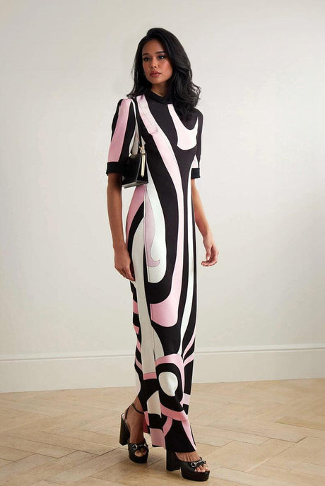 Aurohaya Retro-Inspired Unique Printed Satin Crinkle Maxi Dress Pink