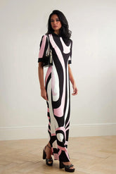 Aurohaya Retro-Inspired Unique Printed Satin Crinkle Maxi Dress Pink