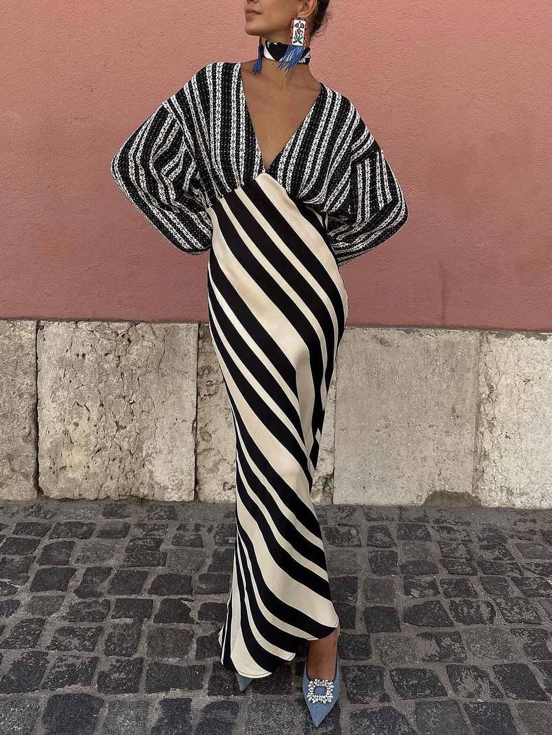 Aurohaya Unique Deep V-Neck Irregular Striped Midi Dress Black