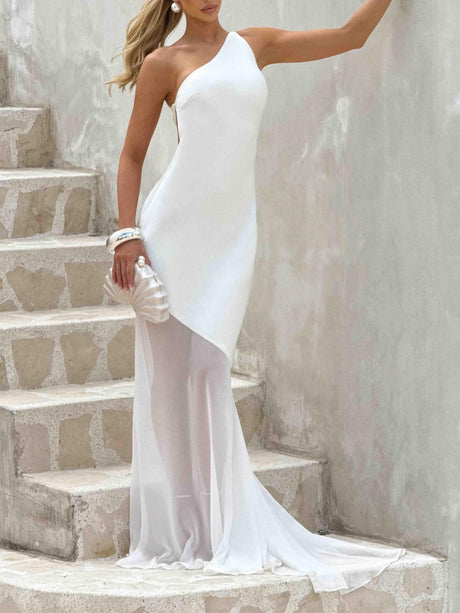 Aurohaya Elegant One Shoulder Sheer Hem Maxi Dress White